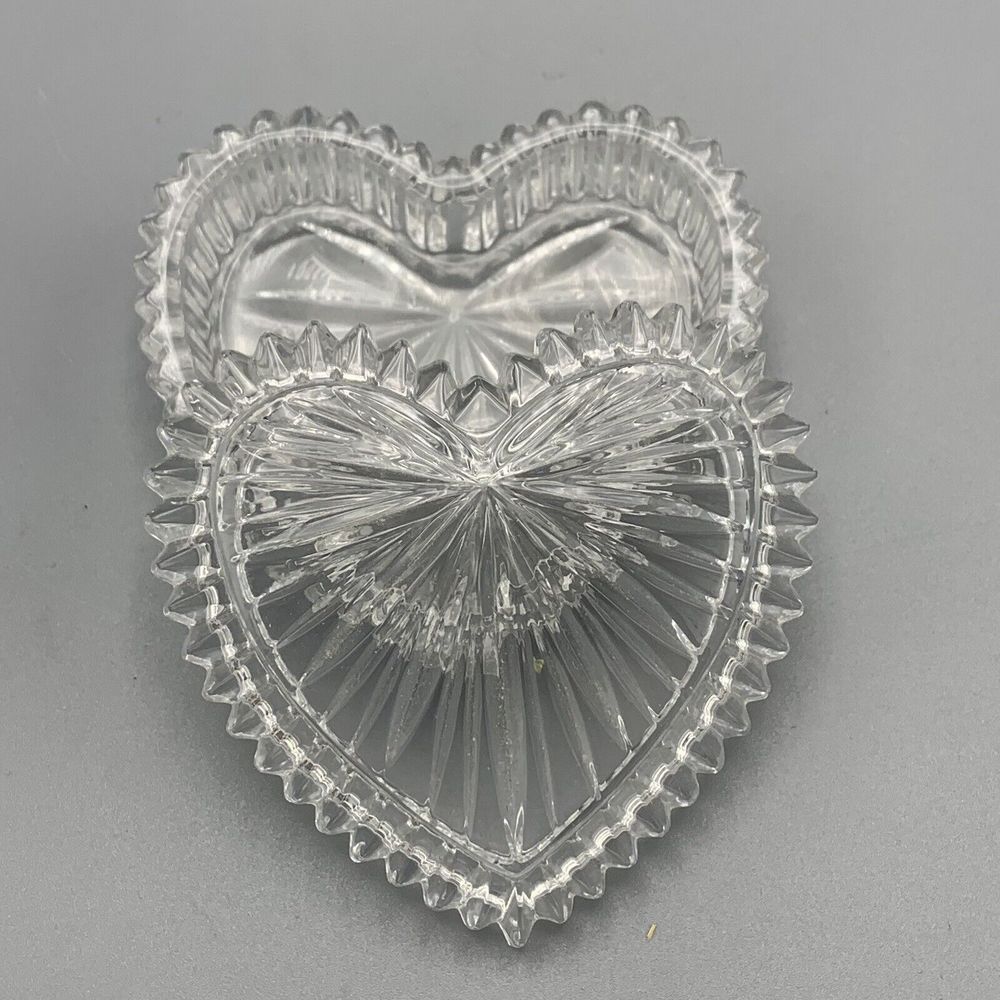 1950s Jewelry Box Heart Shape Cut Glass Clear Starburst of Love Retro Correct